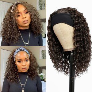 Water Wave Headband Wig Dark Brown Synthetic Curly Glueless